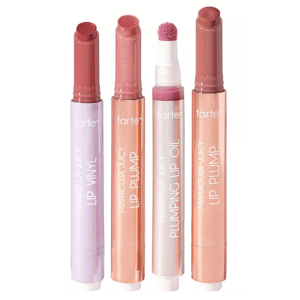 Four assorted Tarte lip products in cylindrical tubes: Maracuja Juicy Lip Vinyl, Lip Plump, Plumping Lip Oil, and another Lip Plump. Colors range from mauve to peach.
