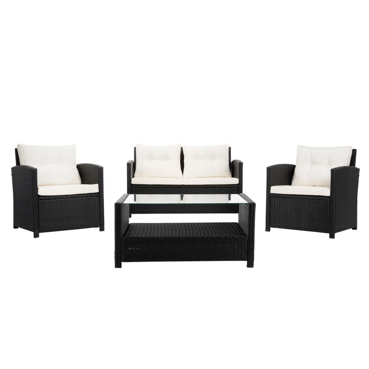 Outdoor patio furniture set featuring a glass-top coffee table, two armchairs, and a loveseat, all in black wicker with white cushions.