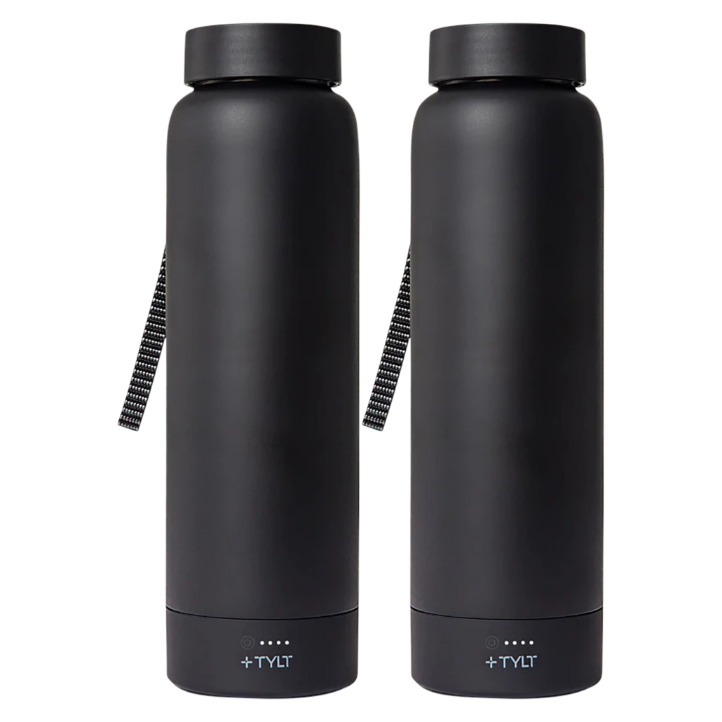 Two sleek black water bottles with built-in power banks, featuring a carrying strap and a charging indicator on the bottom.
