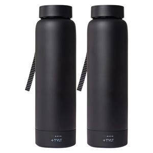Two sleek black water bottles with built-in power banks, featuring a carrying strap and a charging indicator on the bottom.
