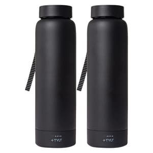 Two sleek black water bottles with built-in power banks, featuring a carrying strap and a charging indicator on the bottom.