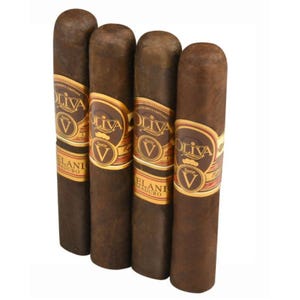 Four Oliva Serie V Melanio Maduro cigars are lined up horizontally, with dark brown wrappers and gold-and-black bands.