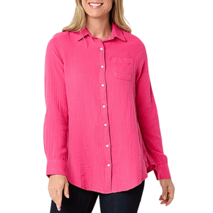 Bright pink long-sleeve button-up shirt with a single chest pocket, worn by a person with fair skin and light hair.