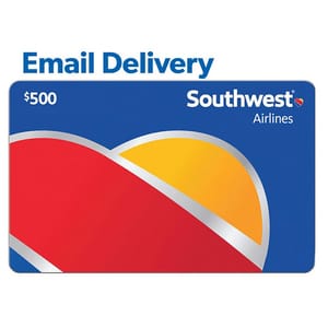 Southwest Airlines gift card with a value of $500. The card features a heart design in red, yellow, and blue, and is labeled for email delivery.