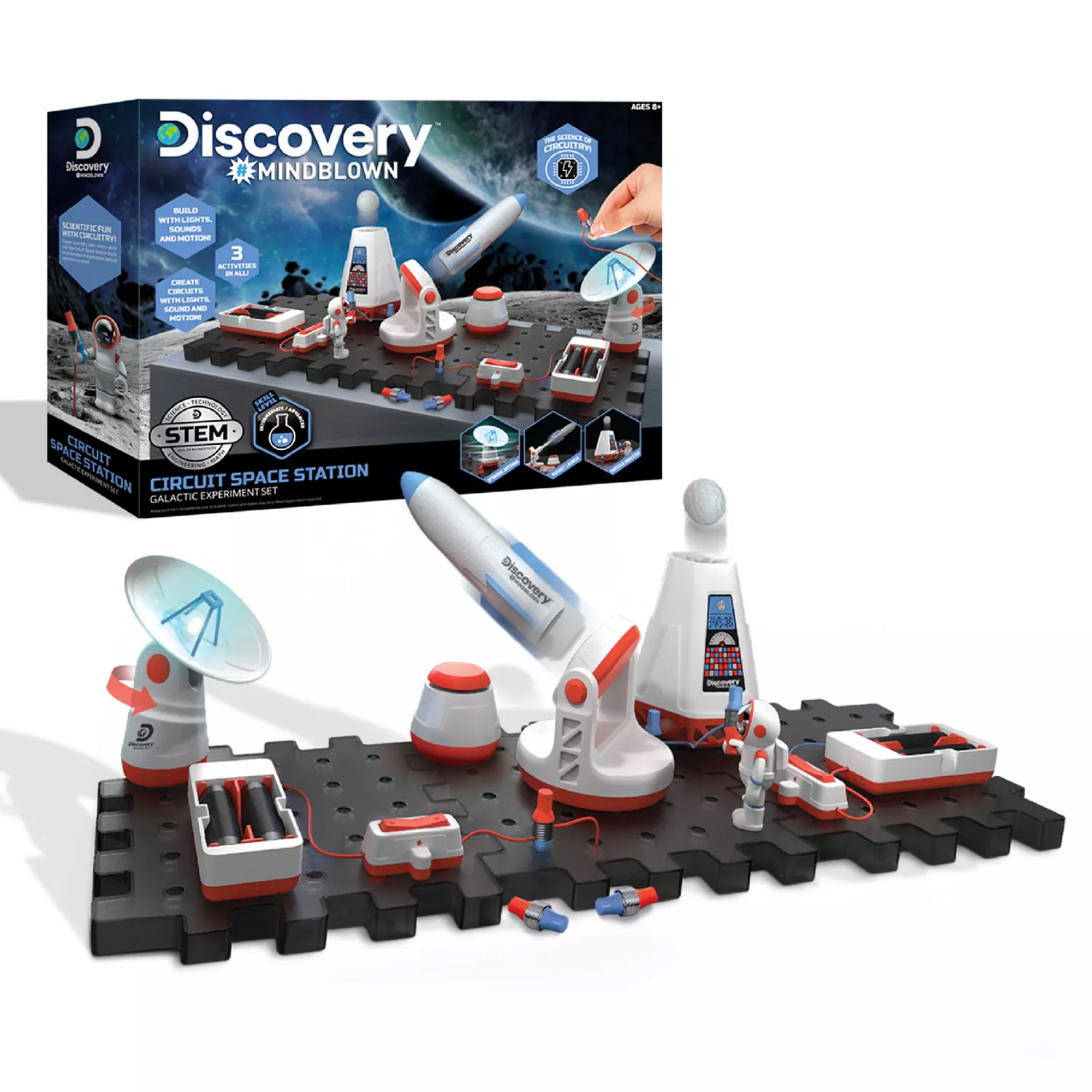 Discovery Mindblown Circuit Space Station Galactic Experiment Set, a STEM toy for ages 8+, features a buildable space station with circuits, lights, and motors for scientific exploration.