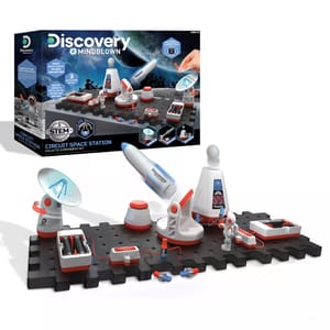 Discovery Mindblown Circuit Space Station Galactic Experiment Set, a STEM toy for ages 8+, features a buildable space station with circuits, lights, and motors for scientific exploration.