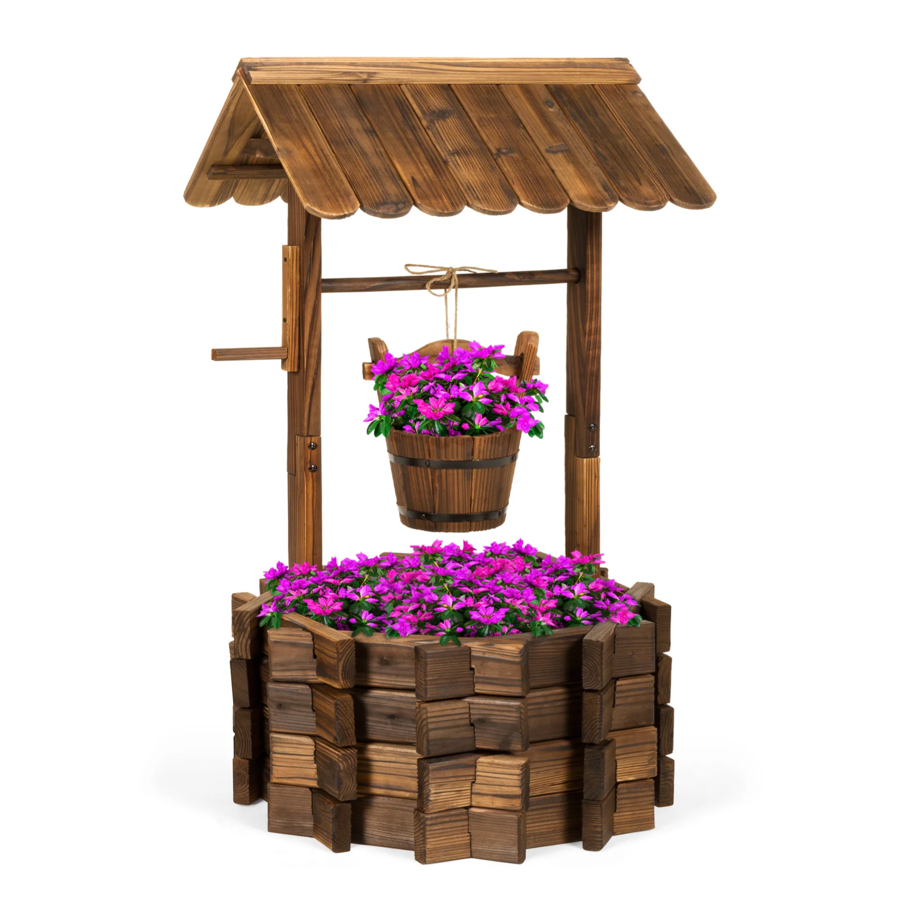 Wooden wishing well planter with a rustic design, featuring a bucket and filled with vibrant purple flowers.