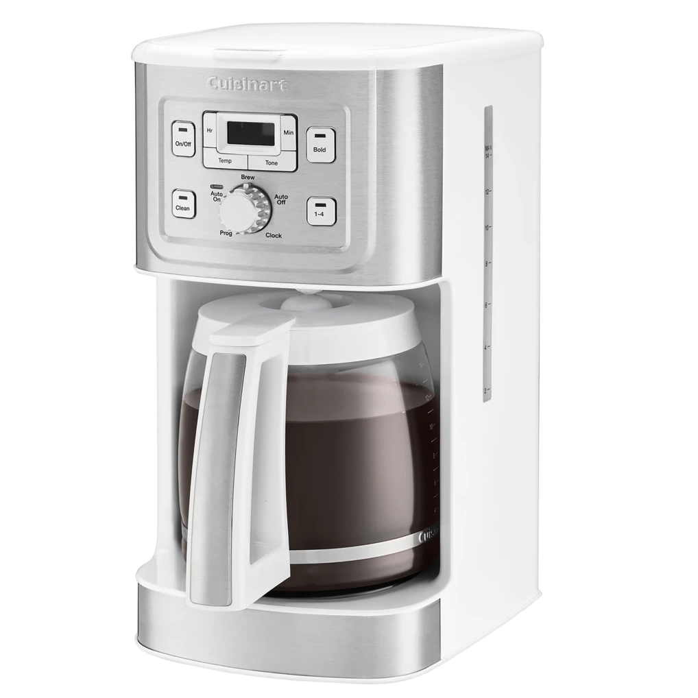 A white Cuisinart drip coffee maker with a digital control panel featuring various settings, and a glass carafe filled with coffee.
