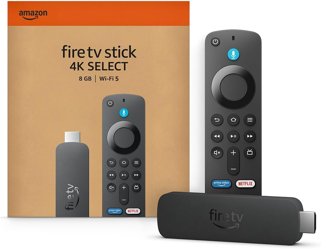 Amazon Fire TV Stick 4K Select with 8GB storage and Wi-Fi 5, includes a voice remote with Alexa functionality and dedicated buttons for Prime Video and Netflix.