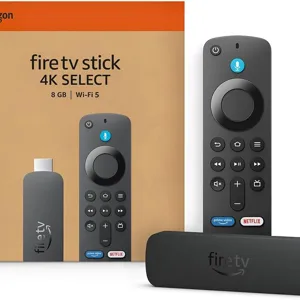 Amazon Fire TV Stick 4K Select with 8GB storage and Wi-Fi 5, includes a voice remote with Alexa functionality and dedicated buttons for Prime Video and Netflix.