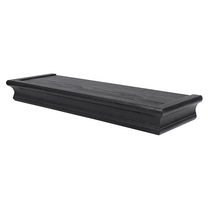 18\“ floating shelf with a woodgrain texture in black, featuring a decorative crown molding design.