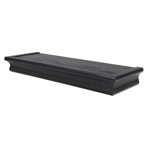 18\“ floating shelf with a woodgrain texture in black, featuring a decorative crown molding design.