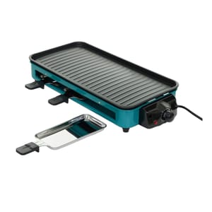 Electric grill with a non-stick grooved surface, adjustable temperature control, and multiple trays for cooking or serving.