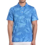 Blue polo shirt with a pattern of palm leaves, buttoned collar, and short sleeves.
