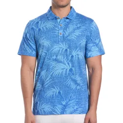 Blue polo shirt with a pattern of palm leaves, buttoned collar, and short sleeves.