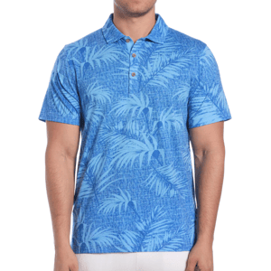 Blue polo shirt with a pattern of palm leaves, buttoned collar, and short sleeves.
