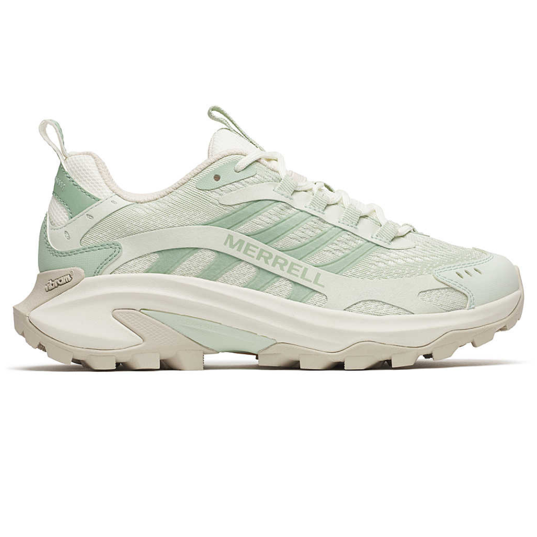 Merrell trail running shoe in pastel green with a Vibram sole and mesh upper for breathability and durability.