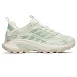 Merrell trail running shoe in pastel green with a Vibram sole and mesh upper for breathability and durability.