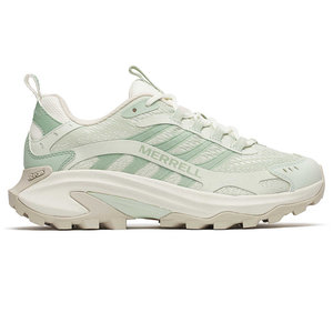 Merrell trail running shoe in pastel green with a Vibram sole and mesh upper for breathability and durability.