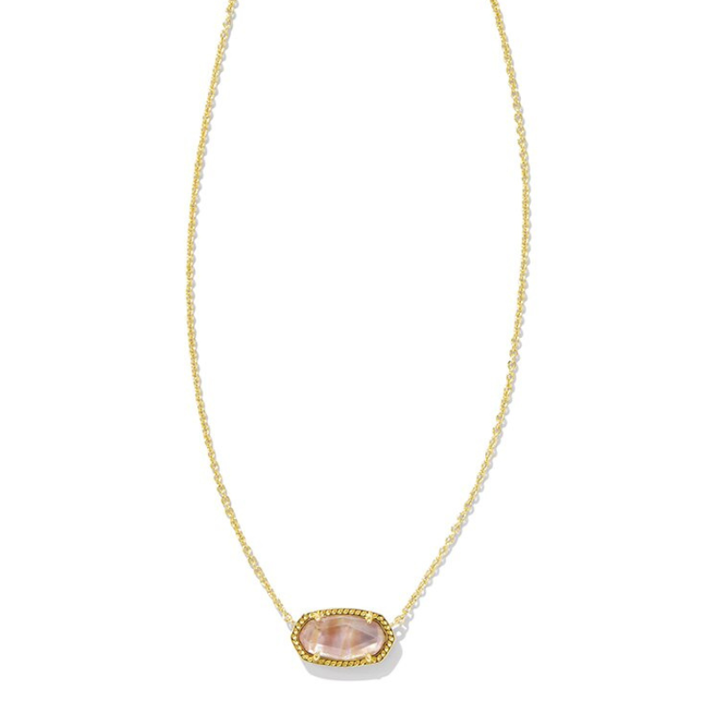A delicate necklace featuring a 14K gold chain with a bezel-set oval rose quartz pendant.