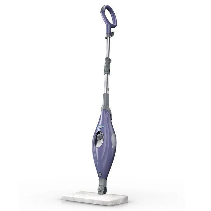 A purple steam mop with a round handle and cleaning pad, designed for floor cleaning.