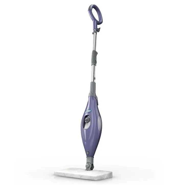 A purple steam mop with a round handle and cleaning pad, designed for floor cleaning.
