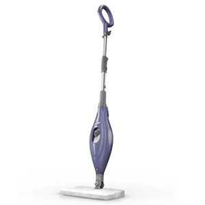 A purple steam mop with a round handle and cleaning pad, designed for floor cleaning.
