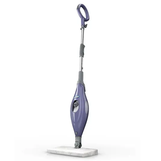 A purple steam mop with a round handle and cleaning pad, designed for floor cleaning.