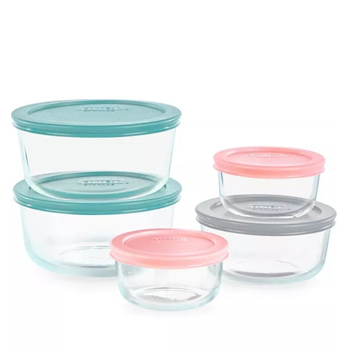 10-piece Pyrex Glass Food Storage Set with transparent round containers in various sizes, each with colored lids in teal, pink, and gray.