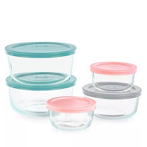 10-piece Pyrex Glass Food Storage Set with transparent round containers in various sizes, each with colored lids in teal, pink, and gray.