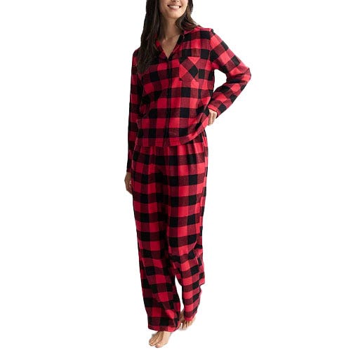 Red and black checkered flannel pajama set with a long-sleeve top, button closure, and single chest pocket, paired with matching loose-fitting pants.