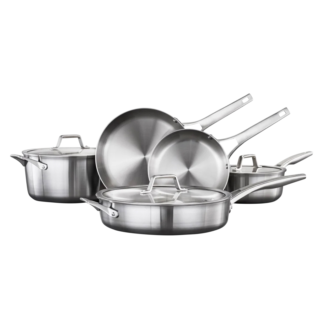 A set of stainless steel cookware, including frying pans, saucepans, and a Dutch oven, all with lids and ergonomic handles.