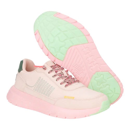 Sirocco Alta Friendship Lace Sneakers feature a pastel pink and green color scheme with star-patterned soles, light pink uppers, and colorful laces.