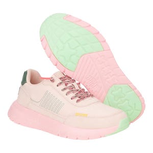 Sirocco Alta Friendship Lace Sneakers feature a pastel pink and green color scheme with star-patterned soles, light pink uppers, and colorful laces.