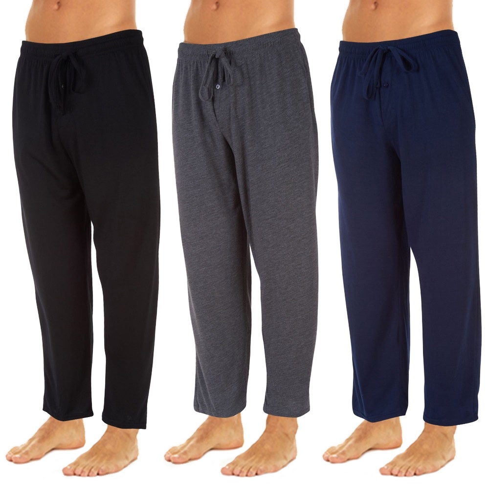 3-pack men's knit lounge pants featuring drawstring waists, in black, dark gray, and navy blue.