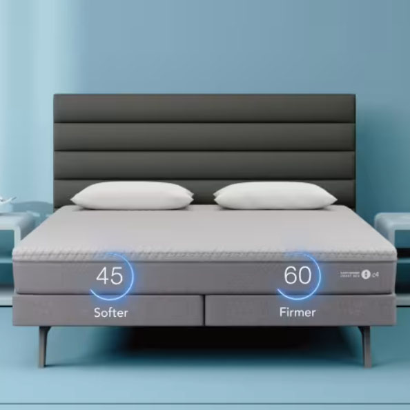 A bed with two adjustable firmness settings, showing one side set to 45 (softer) and the other to 60 (firmer).