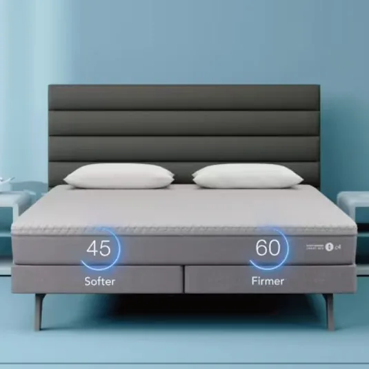 A bed with two adjustable firmness settings, showing one side set to 45 (softer) and the other to 60 (firmer).