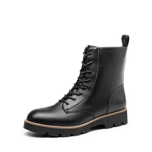 Black leather combat boots with a lace-up front, a pull tab at the back, and a contrasting tan rubber sole.