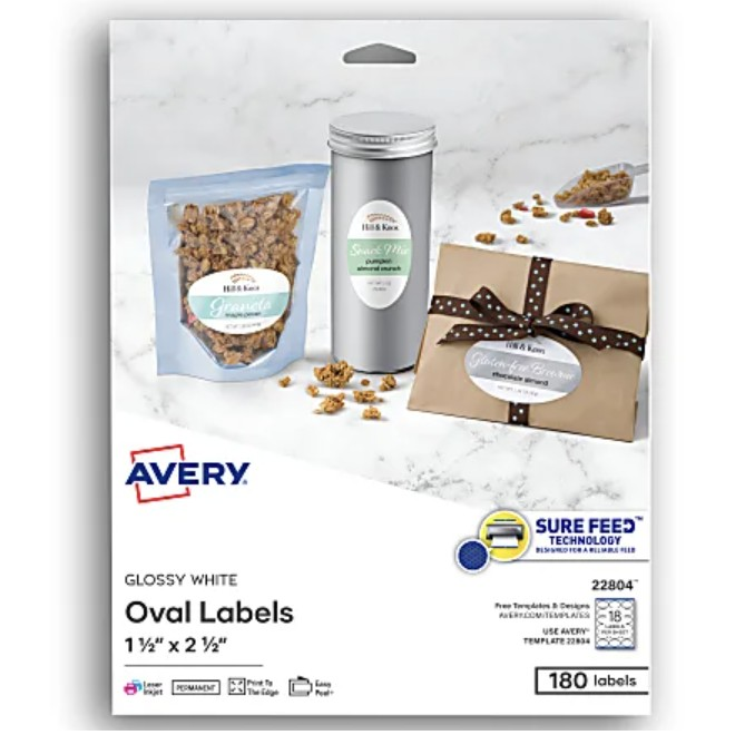Avery Glossy White Oval Labels, 1½\“ x 2½\“, 180 count, feature Sure Feed Technology for easy printing.