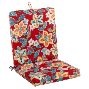 Red floral-patterned chair cushion with tied corners and a fabric loop for hanging or attachment, featuring vibrant multicolored flowers and green leaves.
