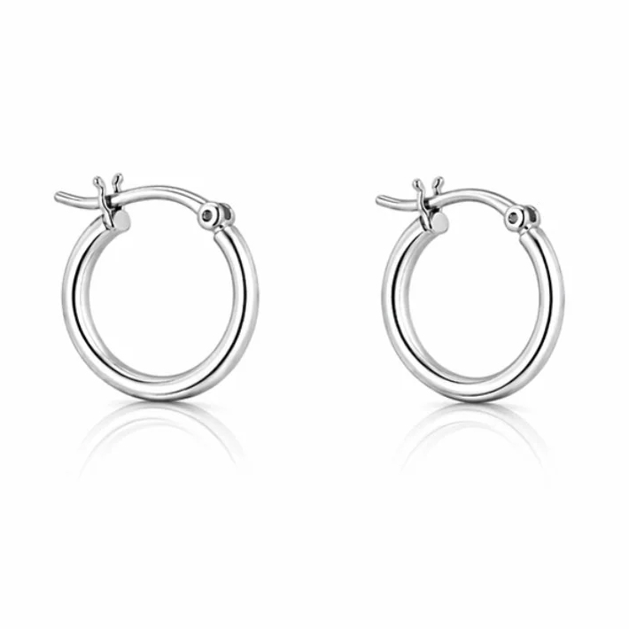 A pair of small silver hoop earrings with a hinge clasp design suitable for piercings.