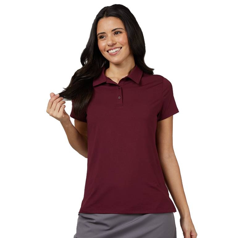 Women's short-sleeve maroon polo shirt by 32 Degrees, featuring a fitted design with a classic collar and button placket.