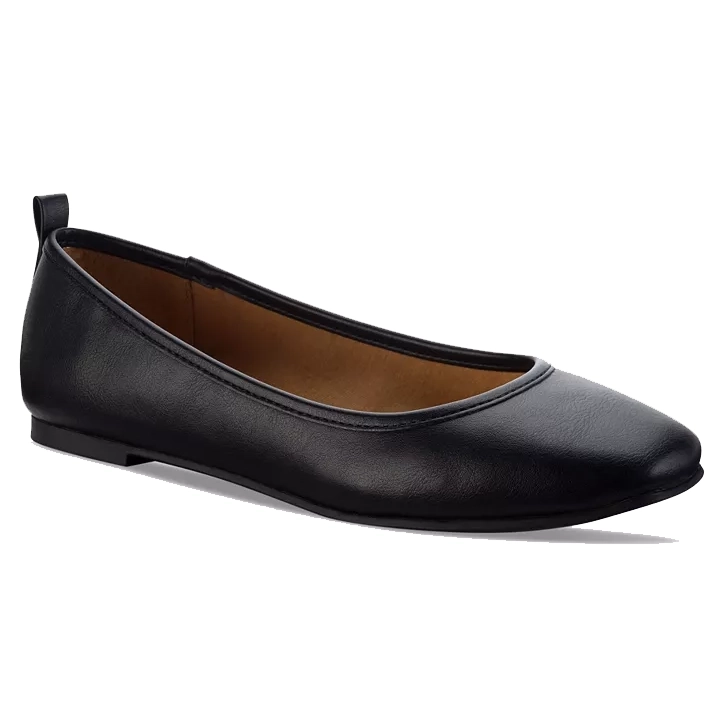A pair of black leather ballet flats with a small bow detail on the heel.