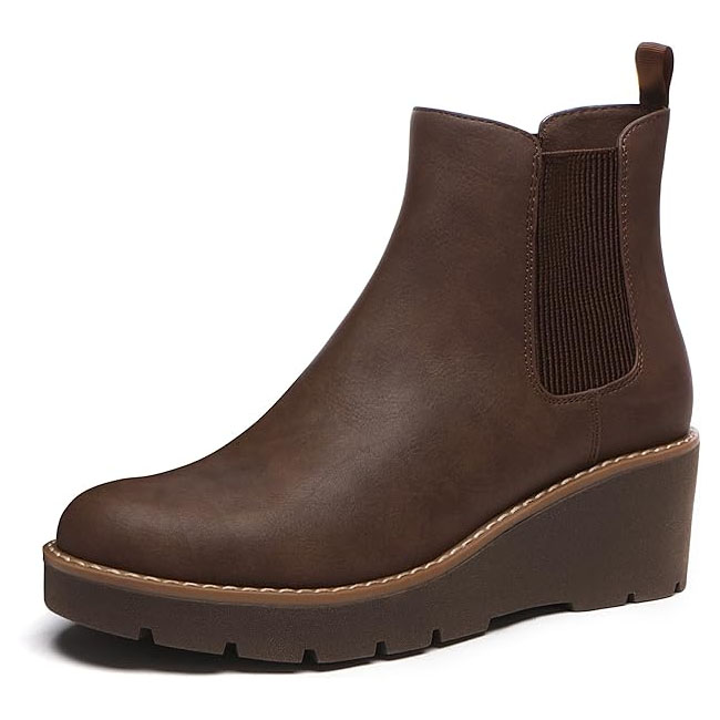 Brown ankle boot with a wedge heel, featuring elastic sides and a pull tab at the back for easy wear.