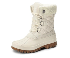 A pair of white winter boots with fur lining and a lace-up front.