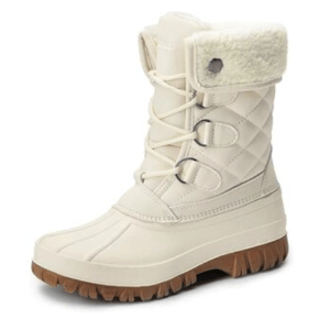 A pair of white winter boots with fur lining and a lace-up front.