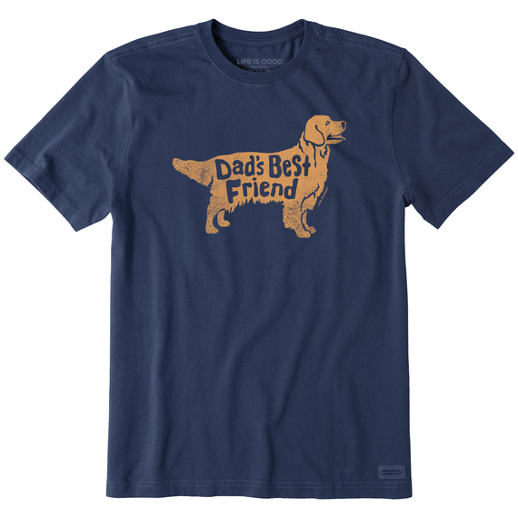 A navy blue t-shirt featuring a graphic of a golden retriever with the words \“Dad's Best Friend\“ inside the silhouette.