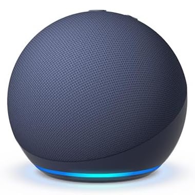 A dark blue spherical smart speaker with a light ring at the base.
