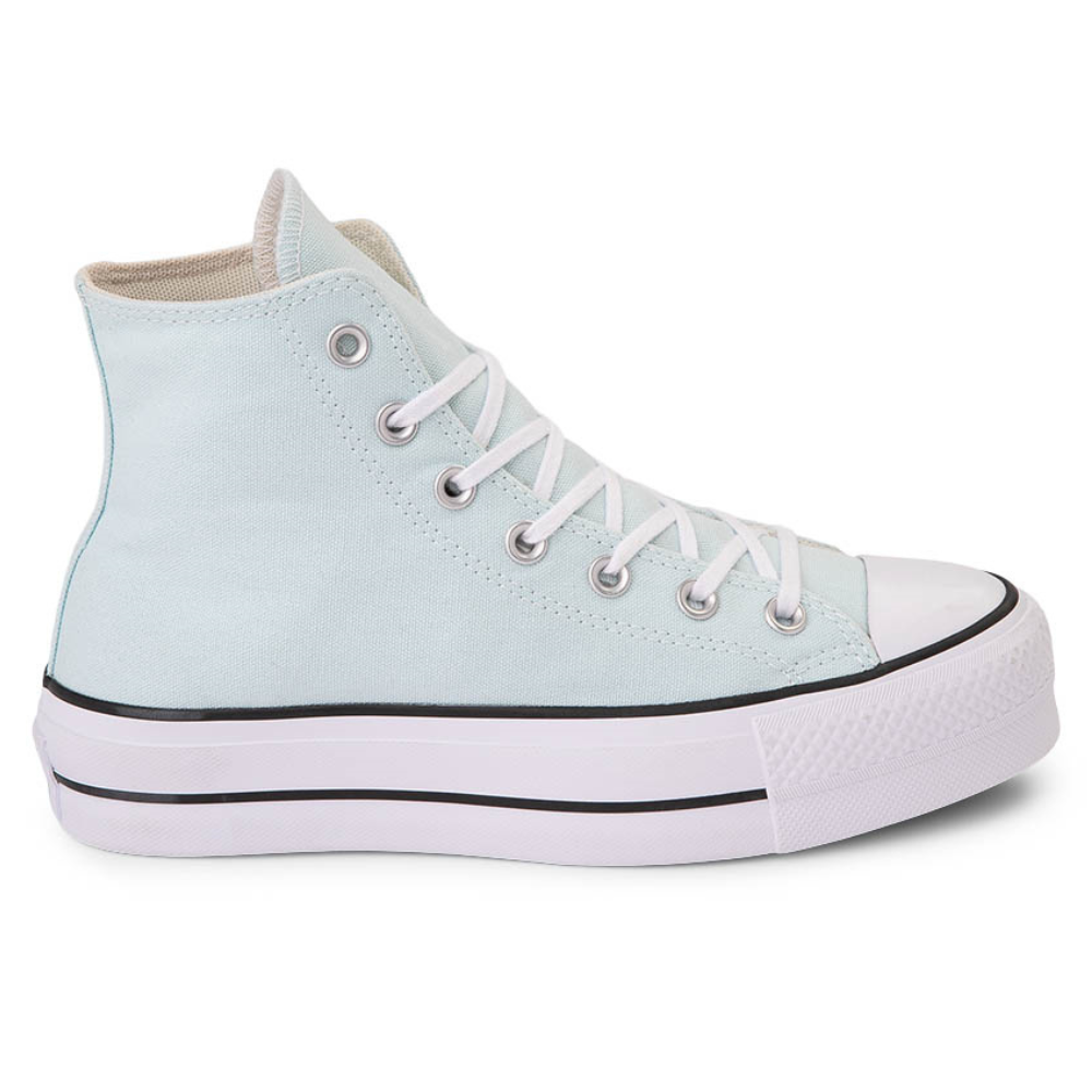 Light blue high-top canvas sneaker with white laces and a white rubber sole featuring black stripes.