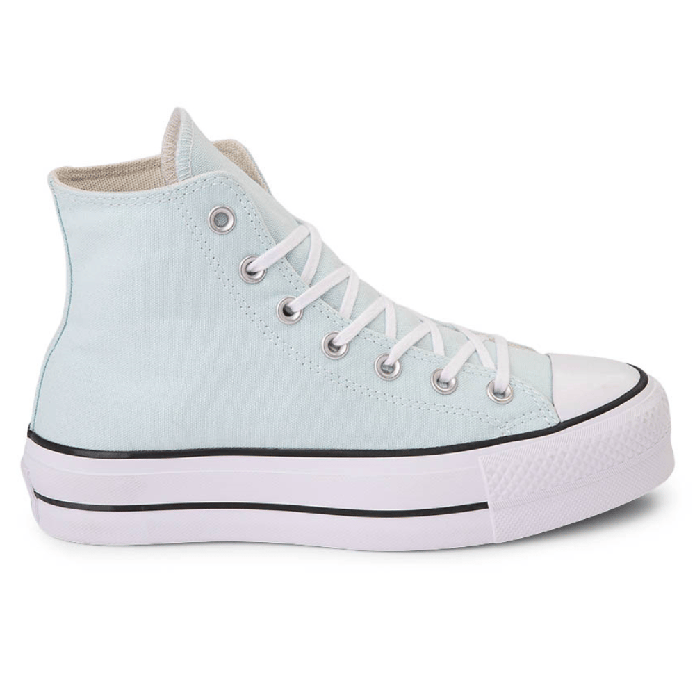 Light blue high-top canvas sneaker with white laces and a white rubber sole featuring black stripes.